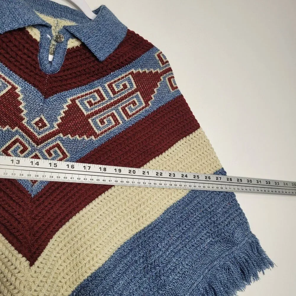 Vintage soho western rodeo colorblock knit fringe pull over poncho one size
